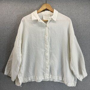 Blanque White Linen Button Front Blouse Collared‎ Size 0 / One Size Lagenlook